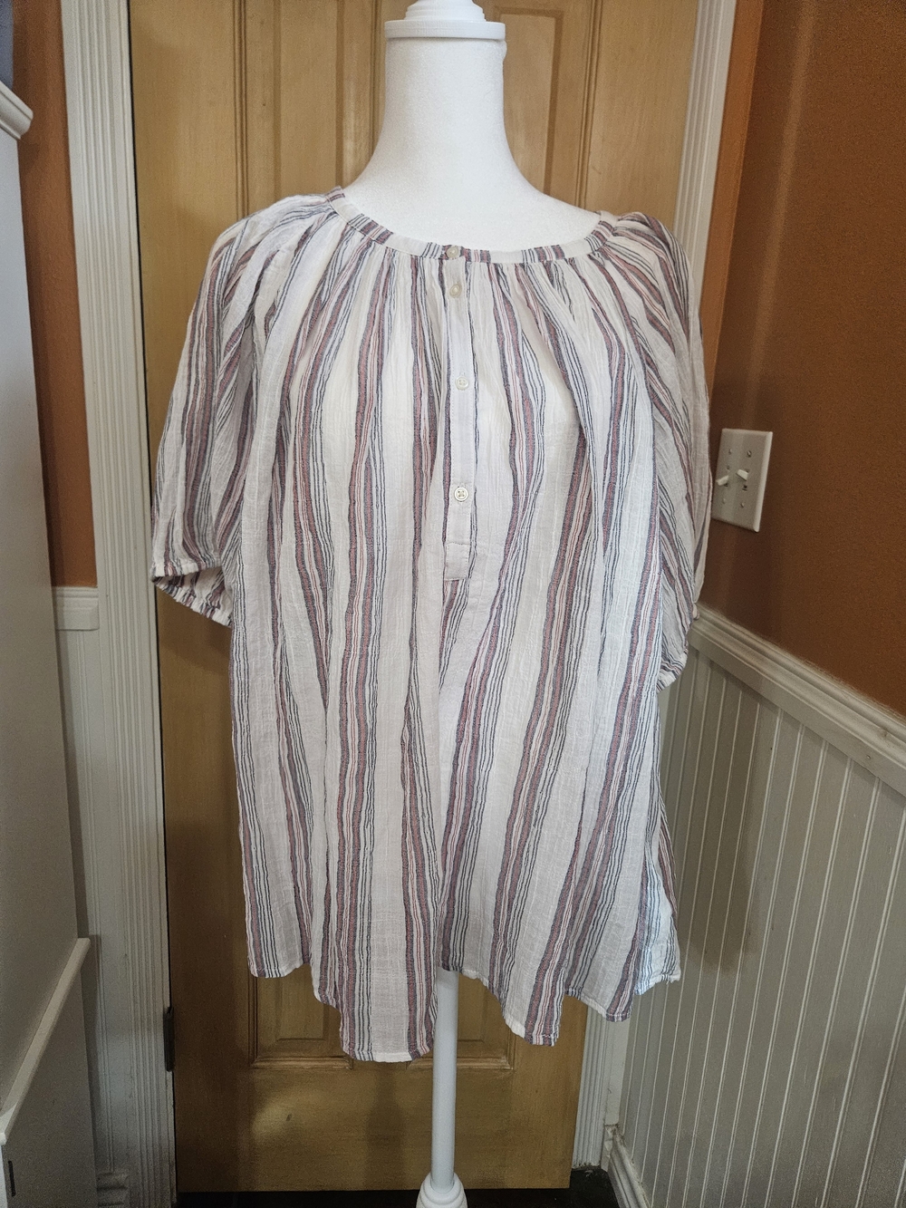 Relaxed Striped Peasant Top in Ivory W/ Red, Blue And Black